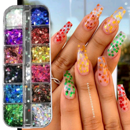 12 Grids Stars Nail Art Glitter Sequins 3D Holographic Nail Glitter
