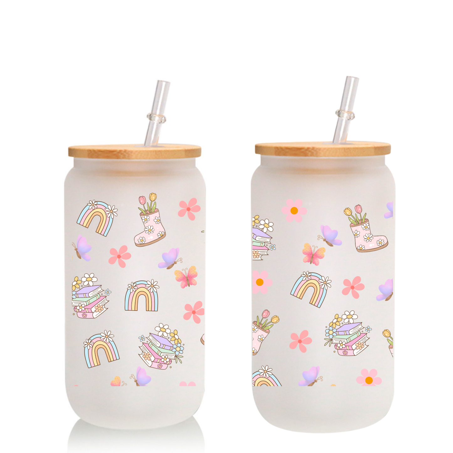 Rainbow Book & Flower Frosted Glass Cup – 16oz / 20oz – With Bamboo Lid & Glass Straw