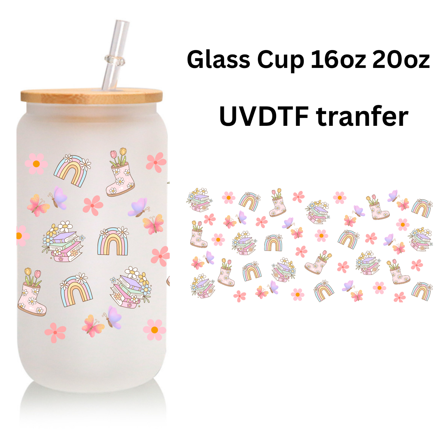 Rainbow Book & Flower Frosted Glass Cup – 16oz / 20oz – With Bamboo Lid & Glass Straw