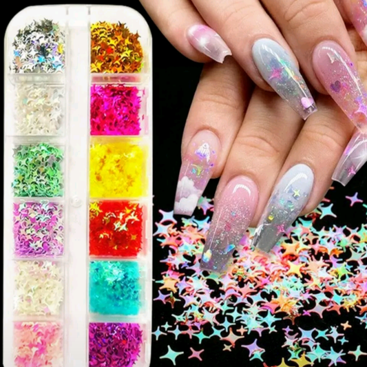 12 Color set 3D STAR Nail Glitter Sequins, Nail Art design, nail Flakes