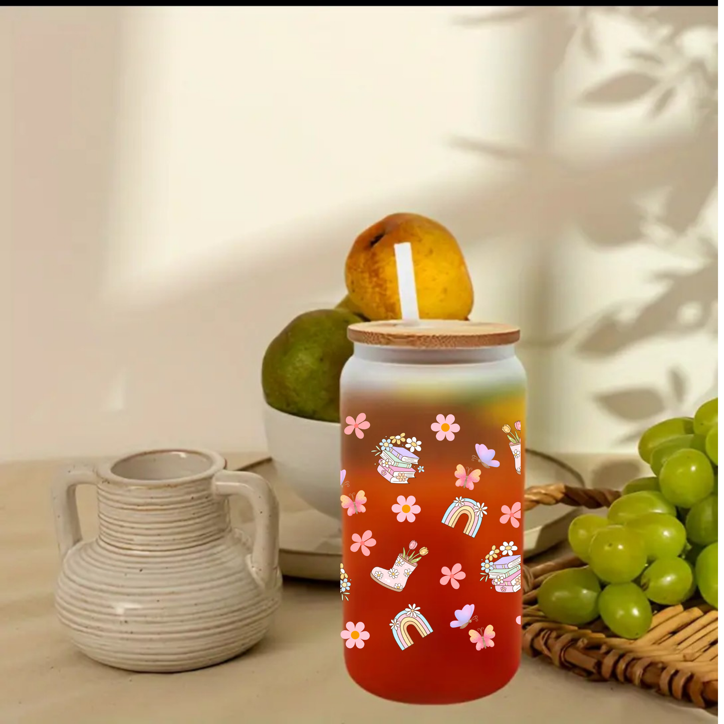 Rainbow Book & Flower Frosted Glass Cup – 16oz / 20oz – With Bamboo Lid & Glass Straw