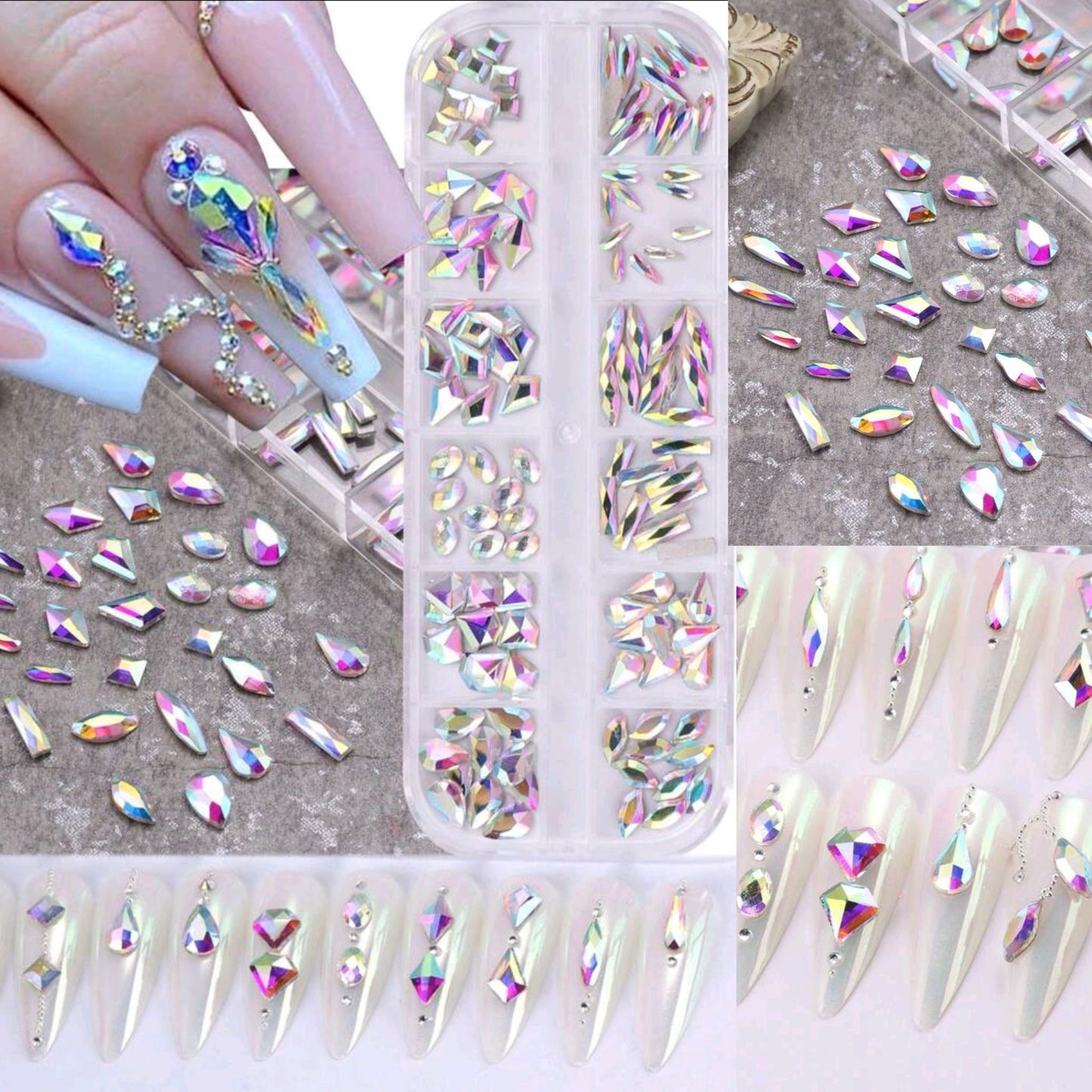 Crystal Glass Rhinestone Set 12 Shapes Flatback Gems with Picker Pencil Tweezers Tool Kit Nail Art Craft DIY