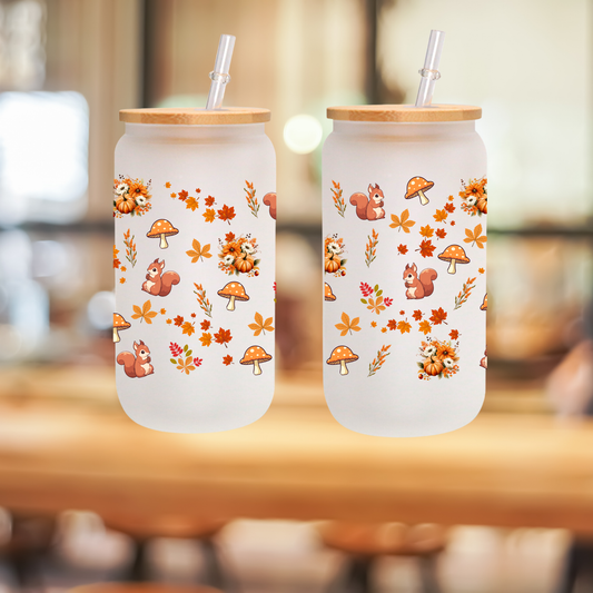 Autumn Forest Frosted Glass Cup – 16oz / 20oz – With Bamboo Lid & Glass Straw