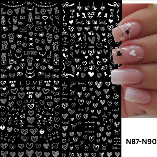 White Love Heart Nail Art Stickers – Self-Adhesive Romantic Valentine Decals