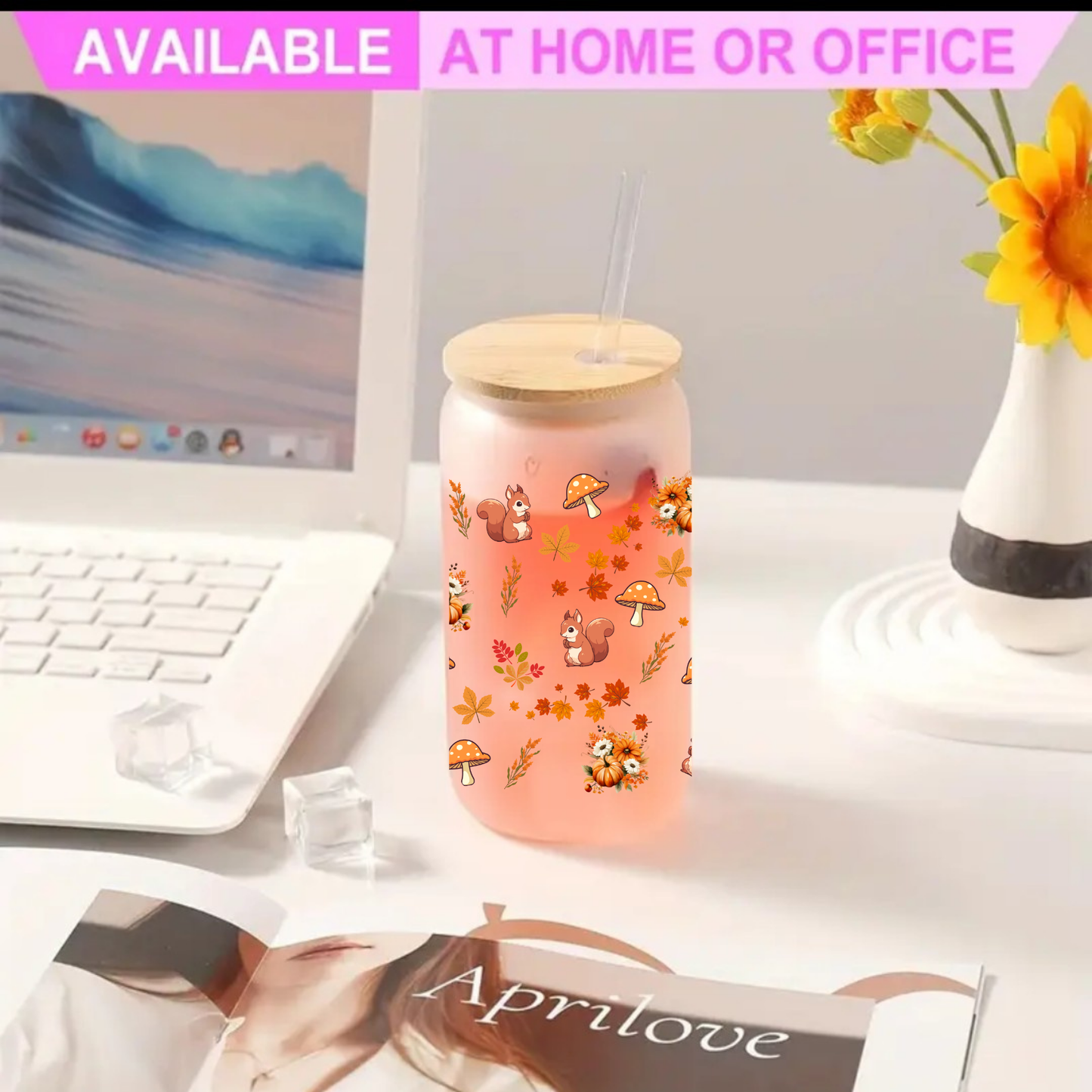 Autumn Forest Frosted Glass Cup – 16oz / 20oz – With Bamboo Lid & Glass Straw
