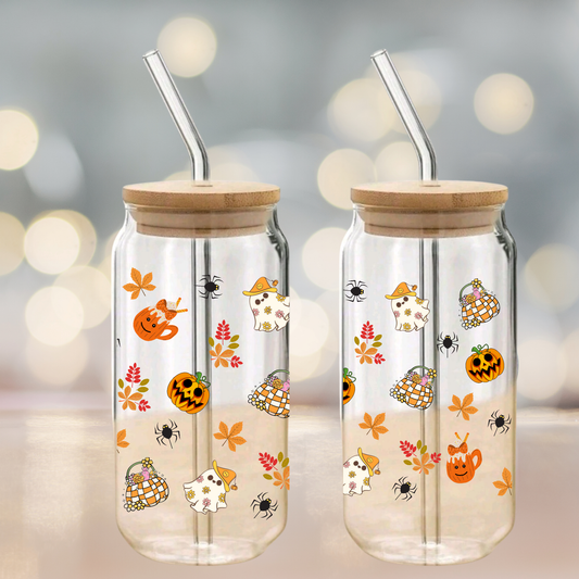 Halloween Pumpkin Glass Can Cup Set – Clear Tumbler with Lid, Straw & Cleaner, 16oz/20oz