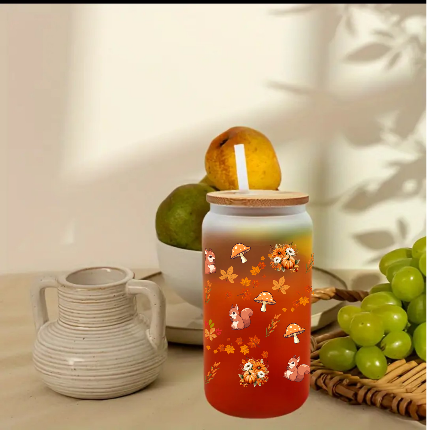 Autumn Forest Frosted Glass Cup – 16oz / 20oz – With Bamboo Lid & Glass Straw