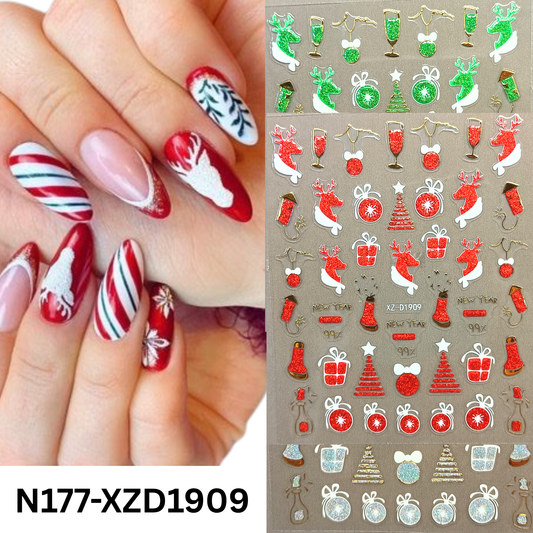 Merry Christmas Nail Stickers – Candy Stripe & Reindeer Design