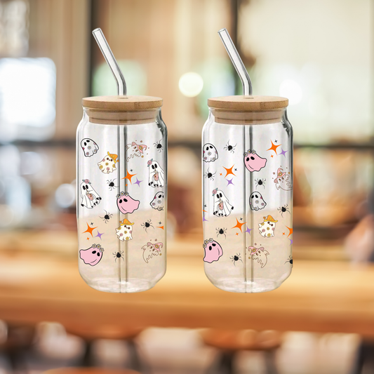 Cute Ghost Halloween Clear Glass Tumbler Set – 16oz/20oz with Bamboo Lid, Straw & Brush