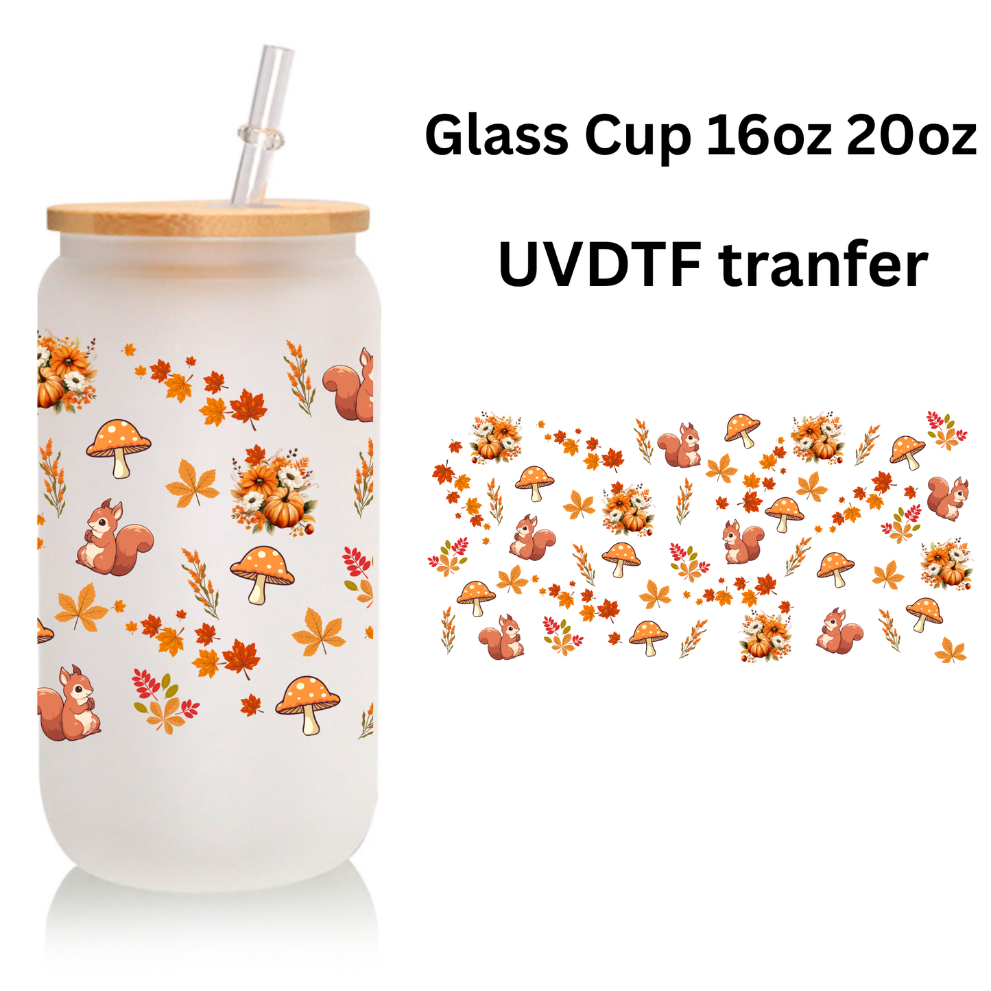 Autumn Forest Frosted Glass Cup – 16oz / 20oz – With Bamboo Lid & Glass Straw