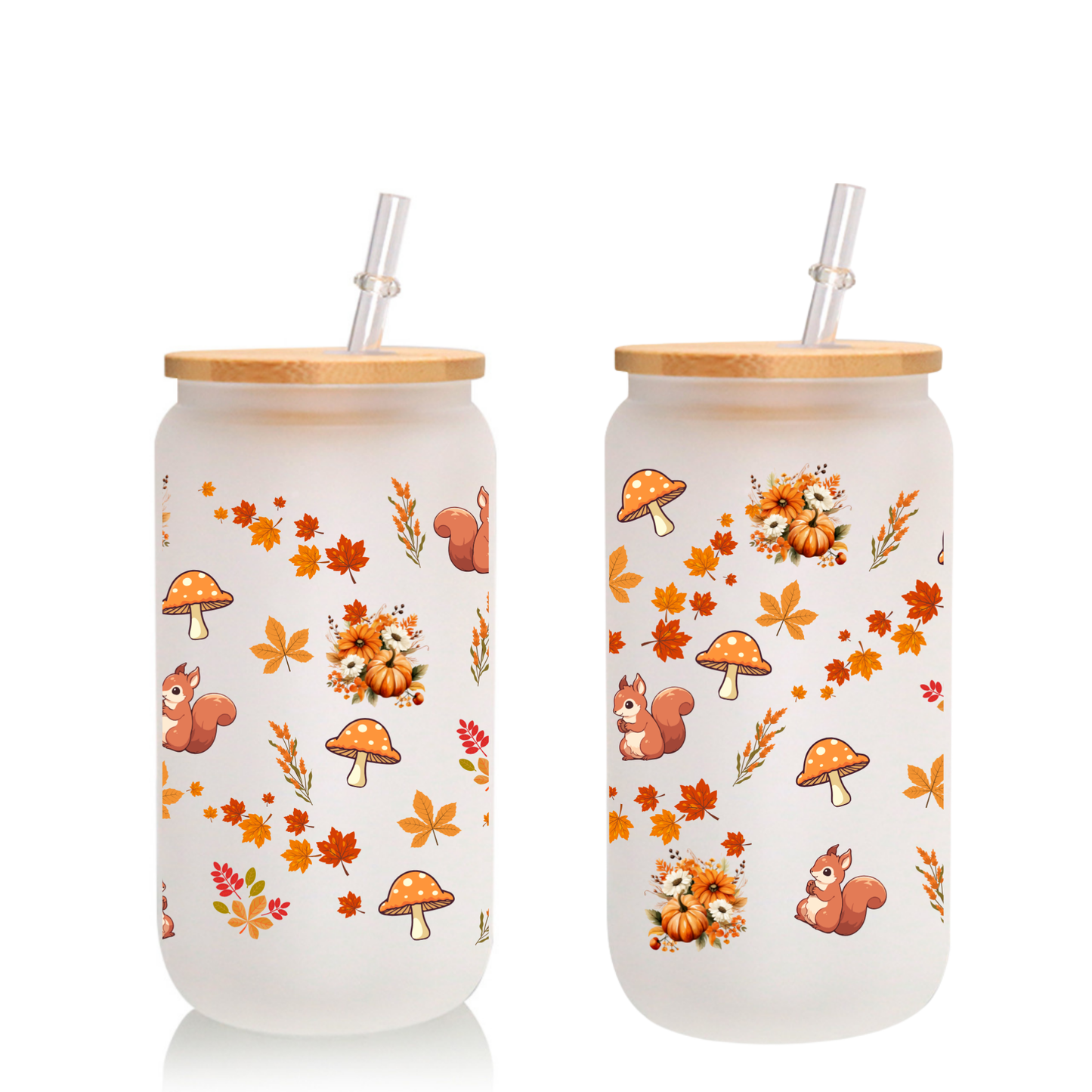 Autumn Forest Frosted Glass Cup – 16oz / 20oz – With Bamboo Lid & Glass Straw