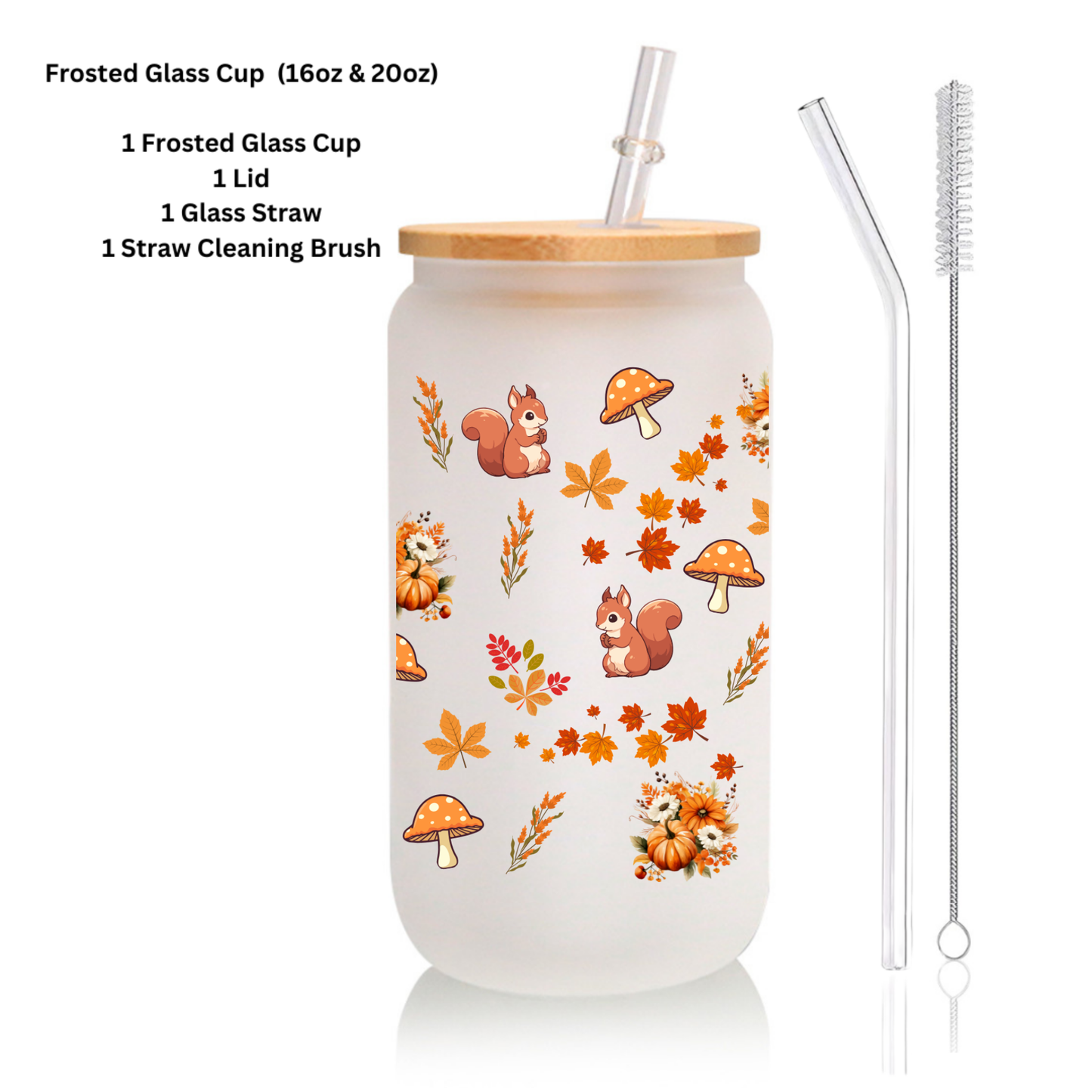 Autumn Forest Frosted Glass Cup – 16oz / 20oz – With Bamboo Lid & Glass Straw
