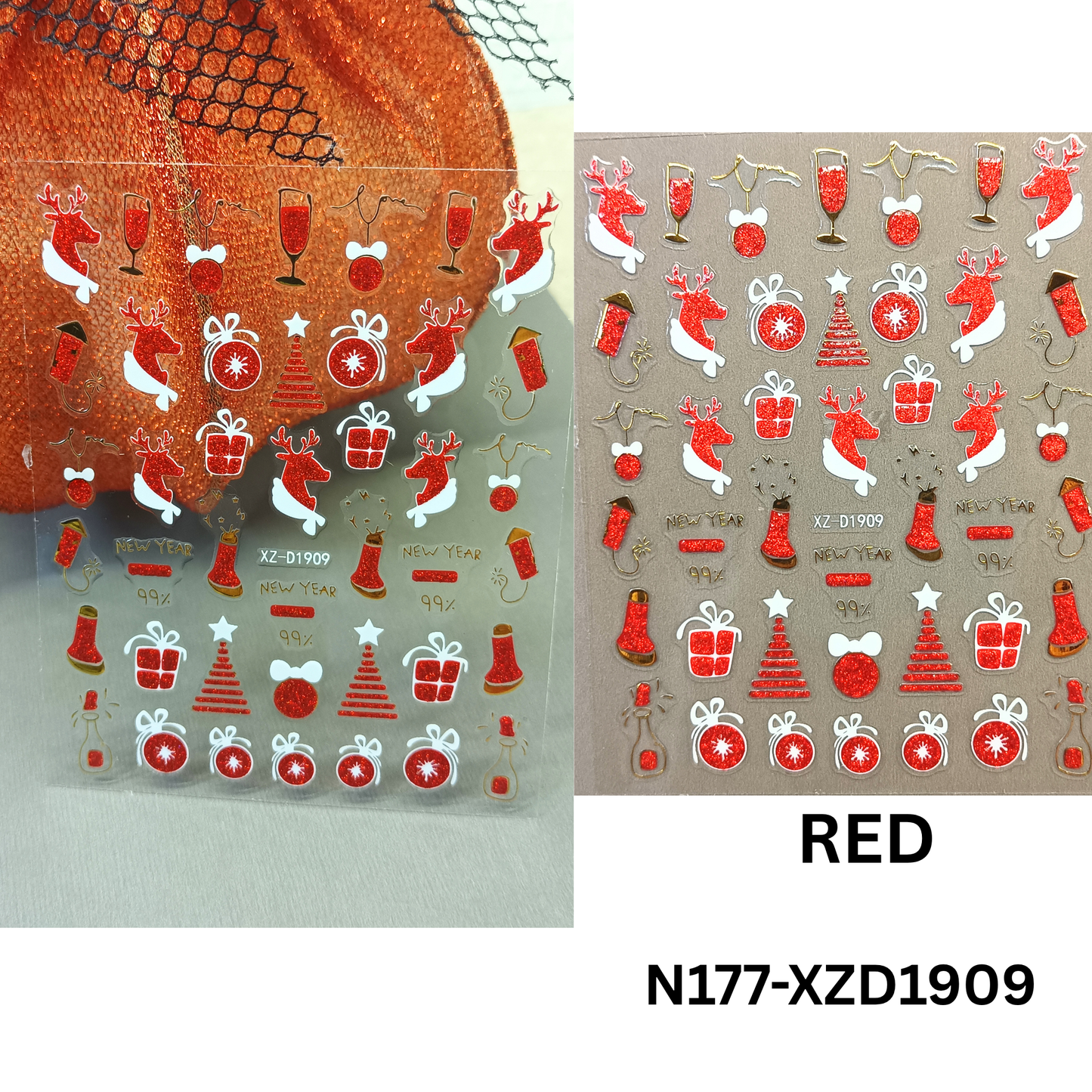 Set of 12 Christmas 3D Nail Decals – Holiday Reindeer, Candy Cane, Santa & Snowflake Designs