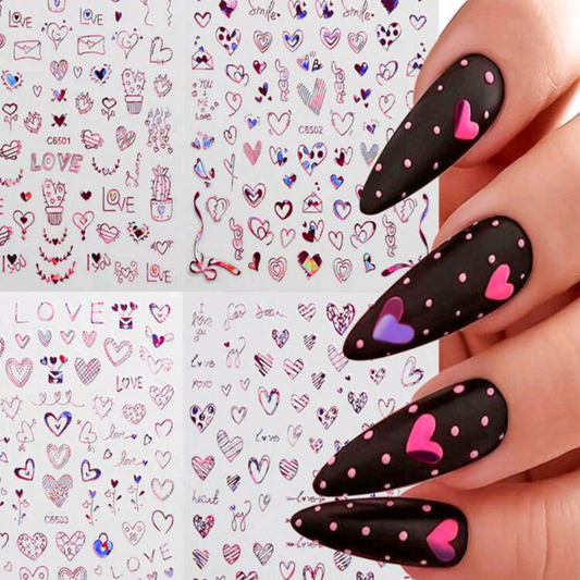 Pink Hologram Love Heart Nail Art Stickers – Shiny Self-Adhesive Valentine Decals