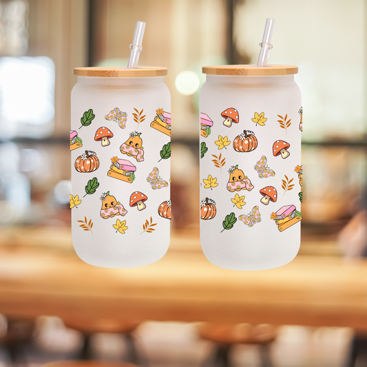 Woodland Fall Glass Cup – Squirrel, Leaves, Mushrooms – 16oz or 20oz Frosted Cup