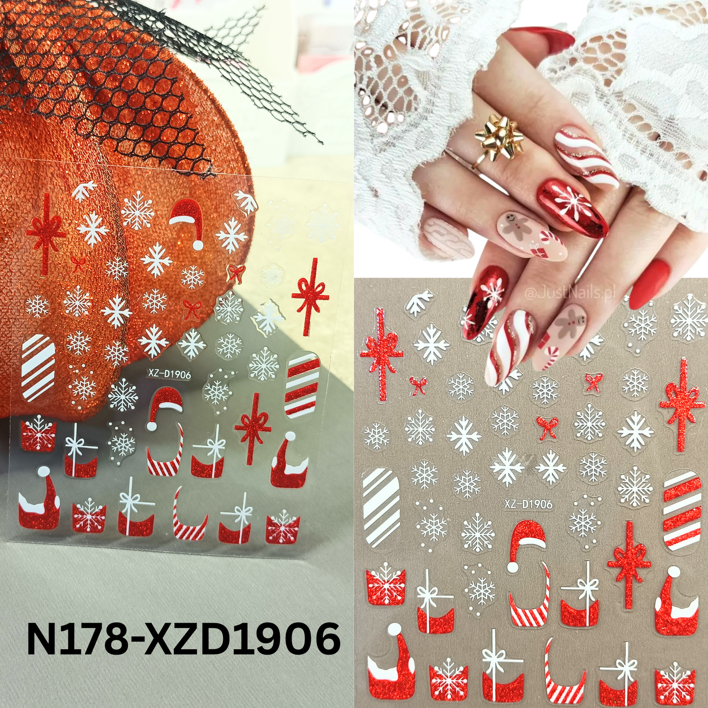 Set of 12 Christmas 3D Nail Decals – Holiday Reindeer, Candy Cane, Santa & Snowflake Designs