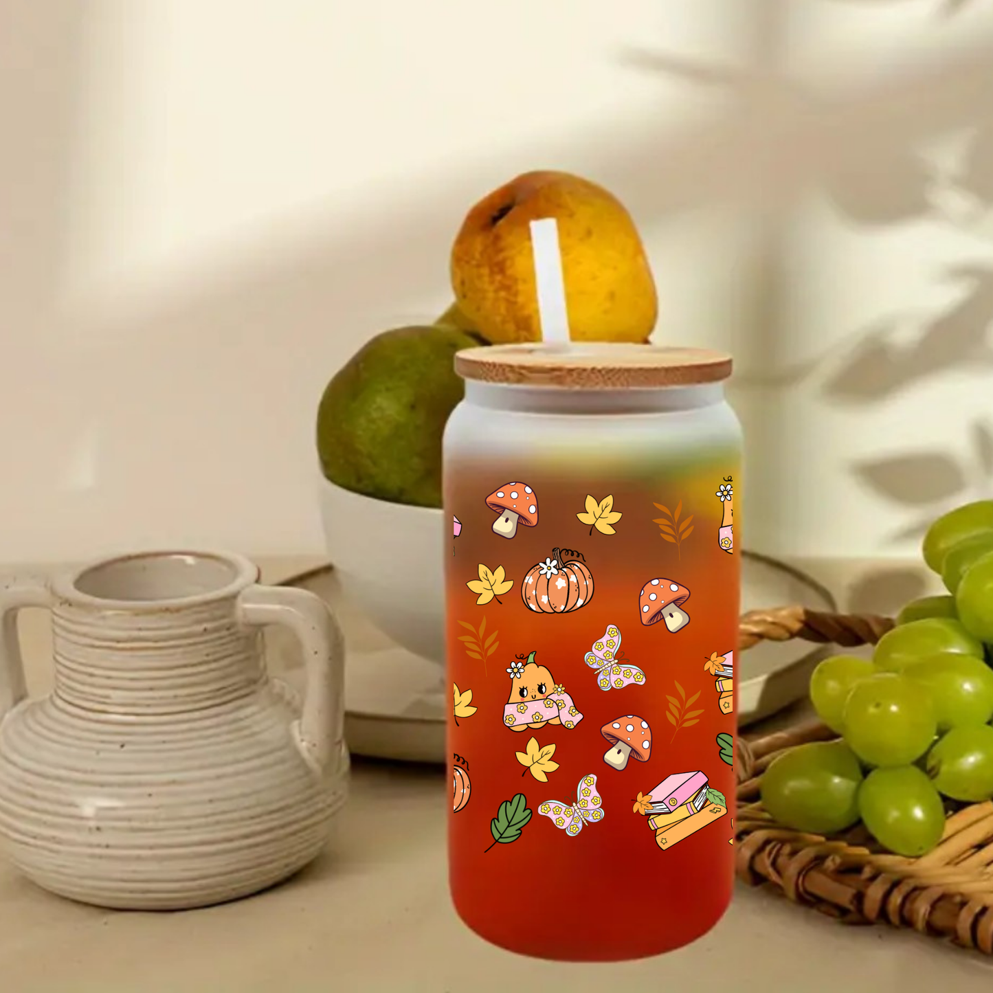 Woodland Fall Glass Cup – Squirrel, Leaves, Mushrooms – 16oz or 20oz Frosted Cup