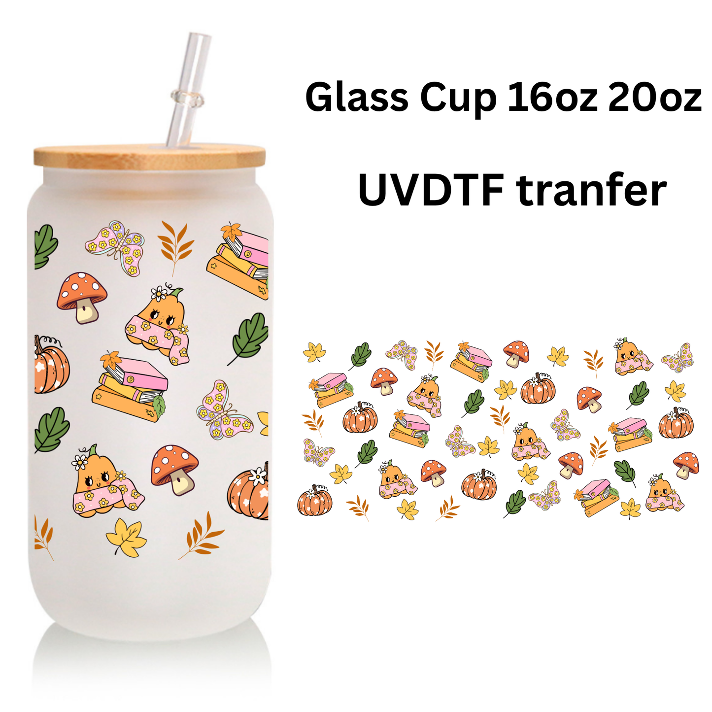 Woodland Fall Glass Cup – Squirrel, Leaves, Mushrooms – 16oz or 20oz Frosted Cup