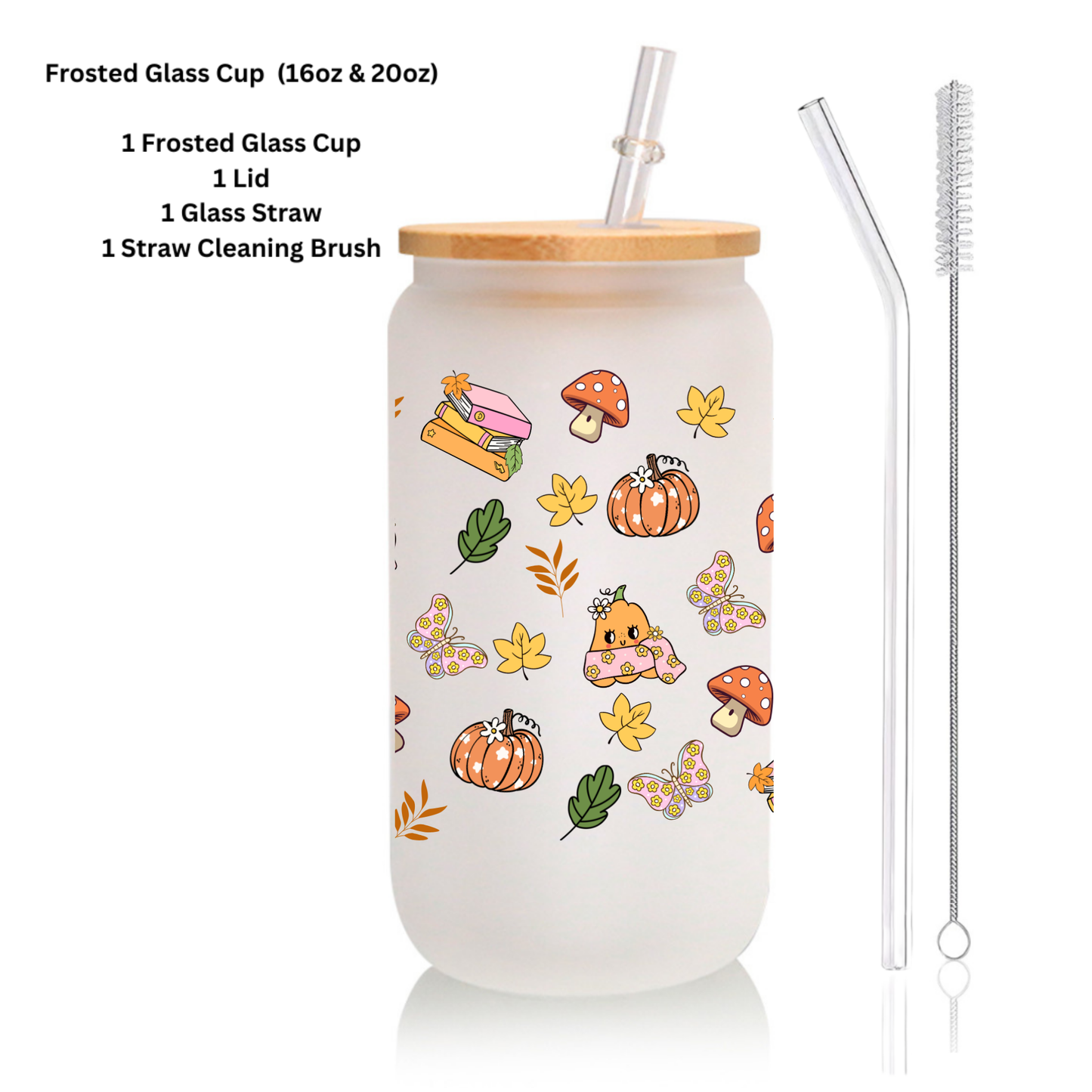 Woodland Fall Glass Cup – Squirrel, Leaves, Mushrooms – 16oz or 20oz Frosted Cup