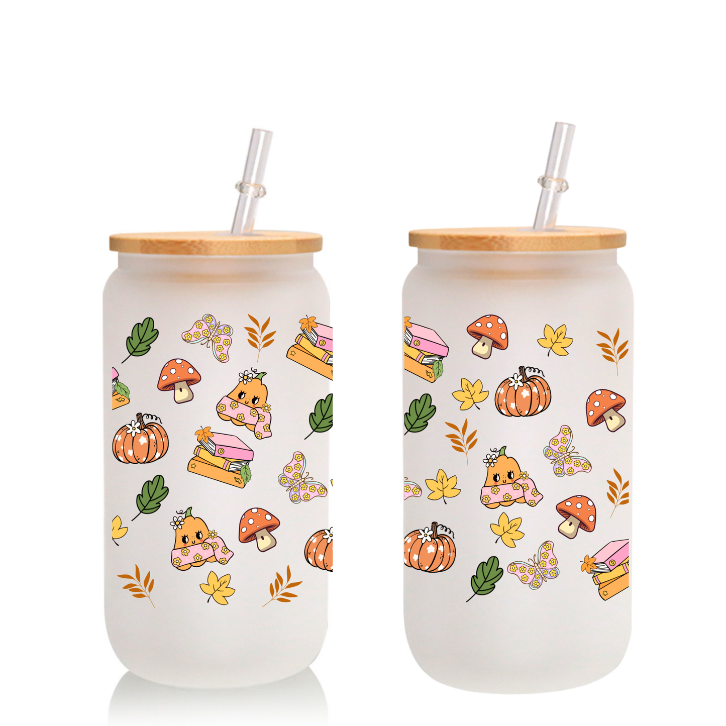 Woodland Fall Glass Cup – Squirrel, Leaves, Mushrooms – 16oz or 20oz Frosted Cup