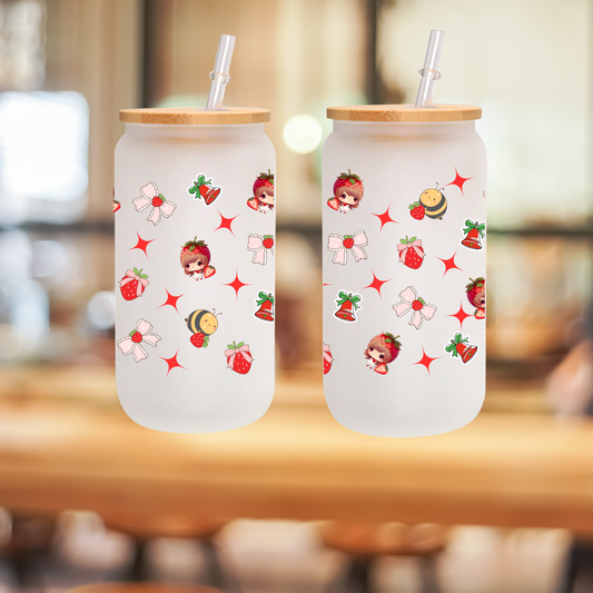 Strawberry Girl Frosted Glass Cup – 16oz / 20oz – With Bamboo Lid & Glass Straw