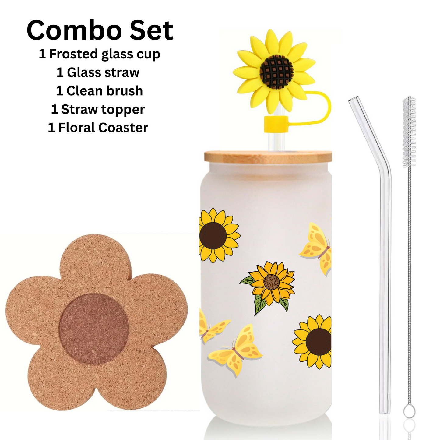 Sunflower & Butterfly Frosted Glass Can with Bamboo Lid and Straw – 16oz/20oz