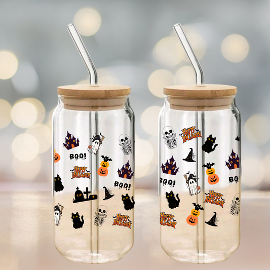 Cute Halloween Glass Tumbler – Ghost “Boo”, Pumpkin, Witch Hat & Black Cat Design – 16oz/20oz with Bamboo Lid & Straw