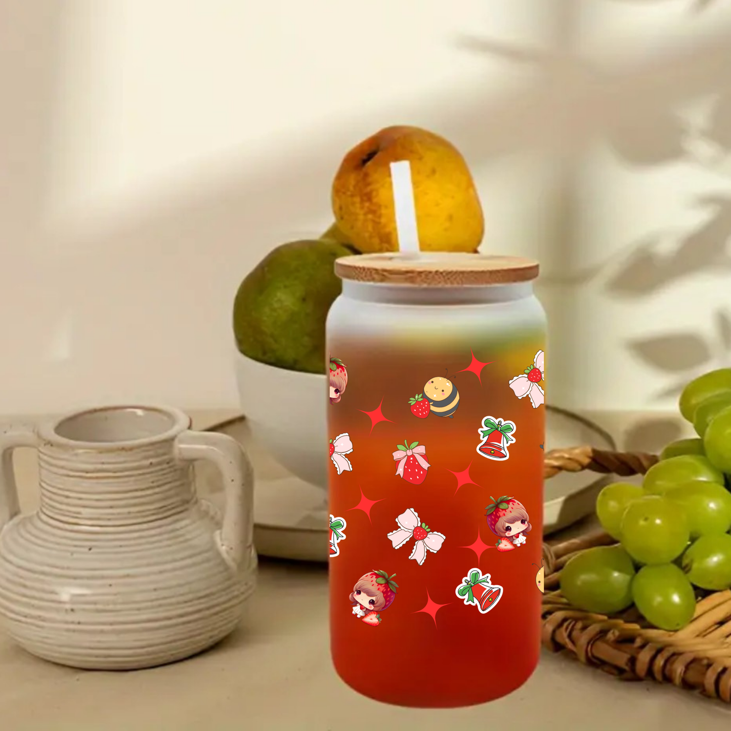 Strawberry Girl Frosted Glass Cup – 16oz / 20oz – With Bamboo Lid & Glass Straw