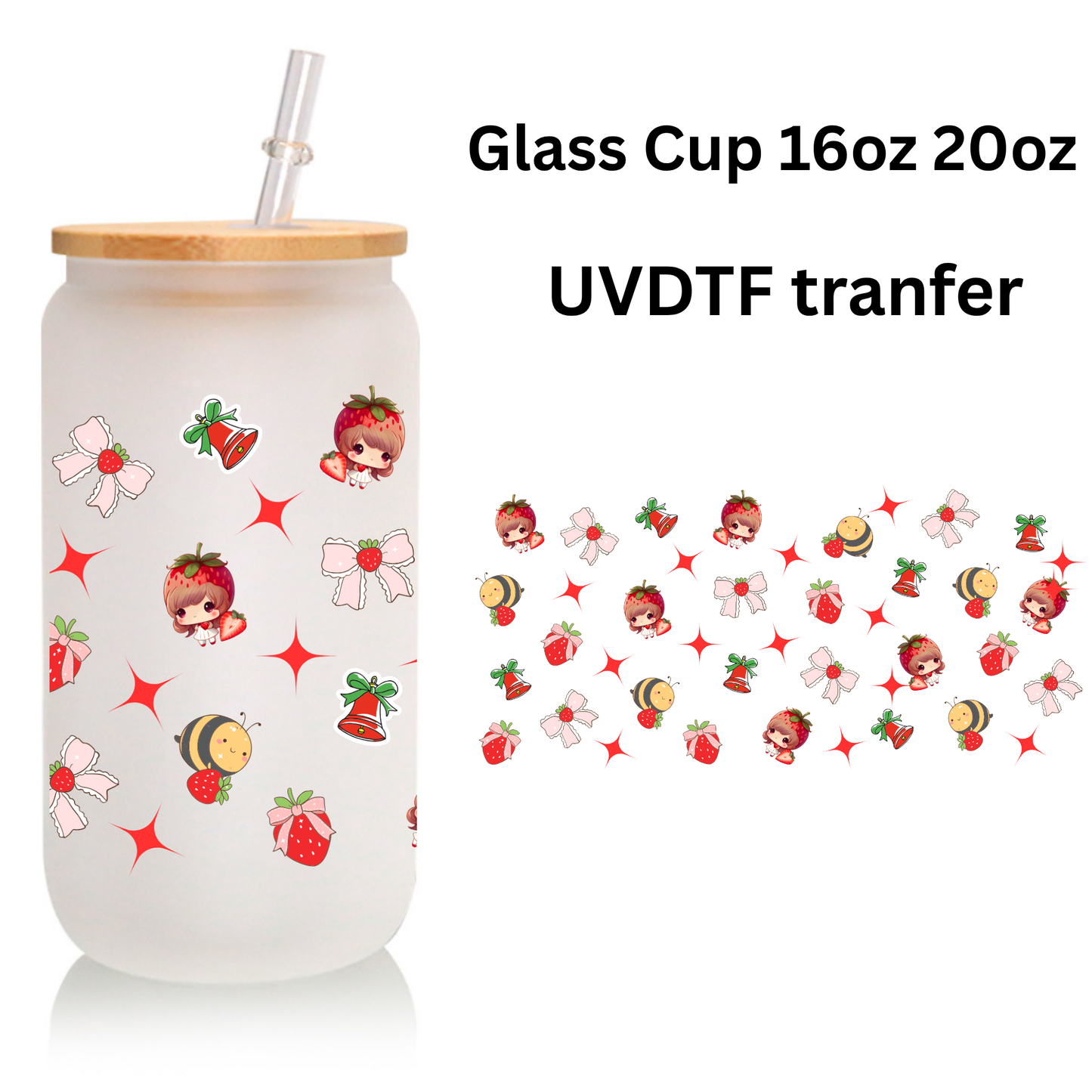 Strawberry Girl Frosted Glass Cup – 16oz / 20oz – With Bamboo Lid & Glass Straw