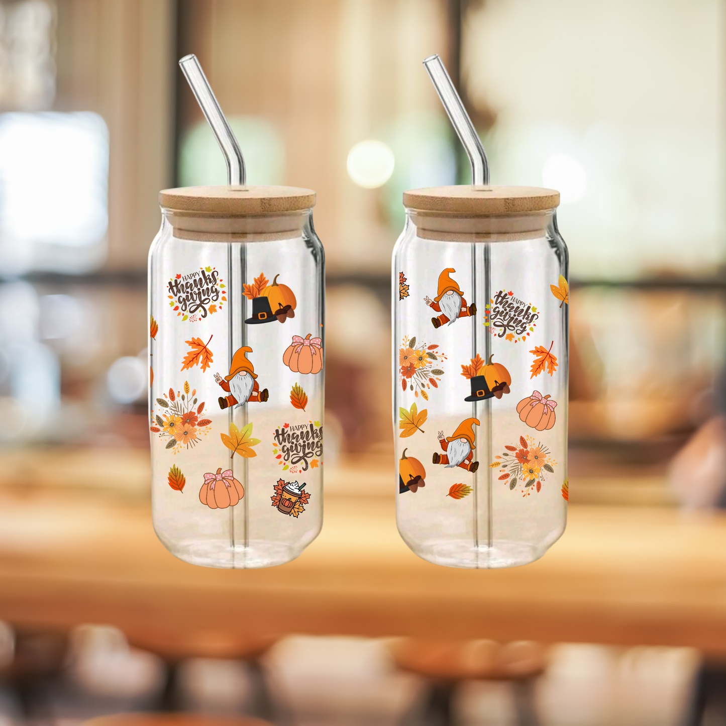 Cozy Fall Glass Cup – Autumn Leaves, Pumpkin Hat, Thanksgiving, Books & Flowers – 16oz/20oz