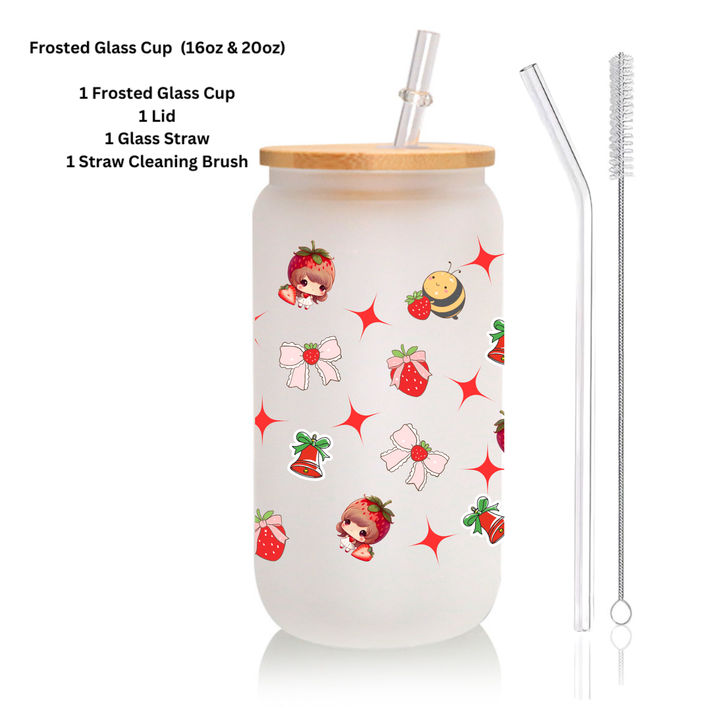 Strawberry Girl Frosted Glass Cup – 16oz / 20oz – With Bamboo Lid & Glass Straw
