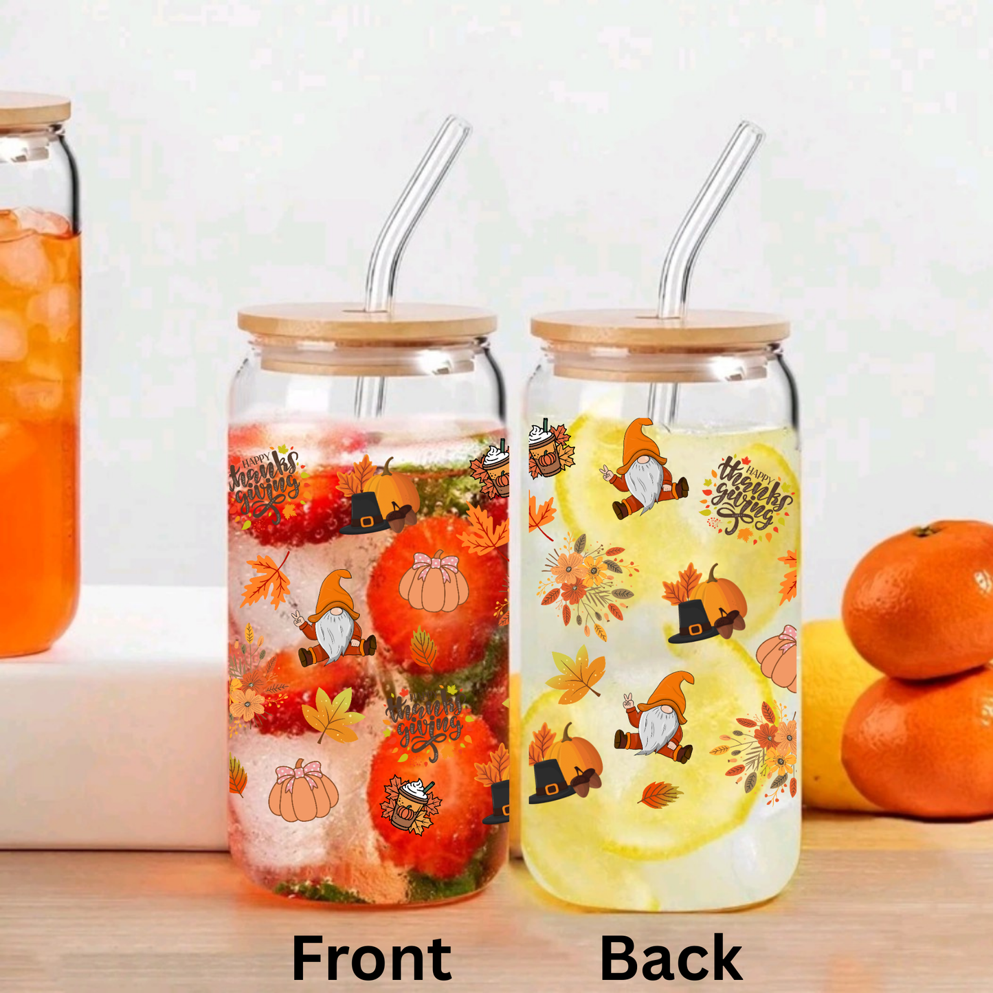 Cozy Fall Glass Cup – Autumn Leaves, Pumpkin Hat, Thanksgiving, Books & Flowers – 16oz/20oz