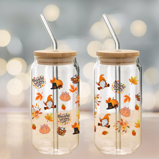 Cozy Fall Glass Cup – Autumn Leaves, Pumpkin Hat, Thanksgiving, Books & Flowers – 16oz/20oz