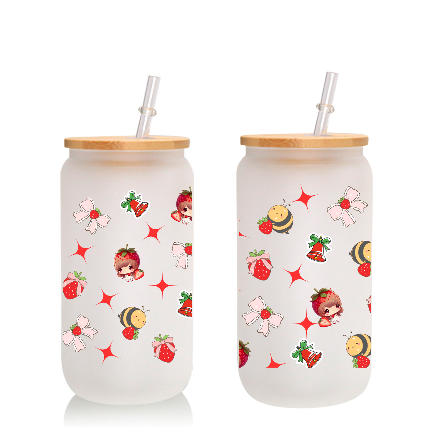 Strawberry Girl Frosted Glass Cup – 16oz / 20oz – With Bamboo Lid & Glass Straw