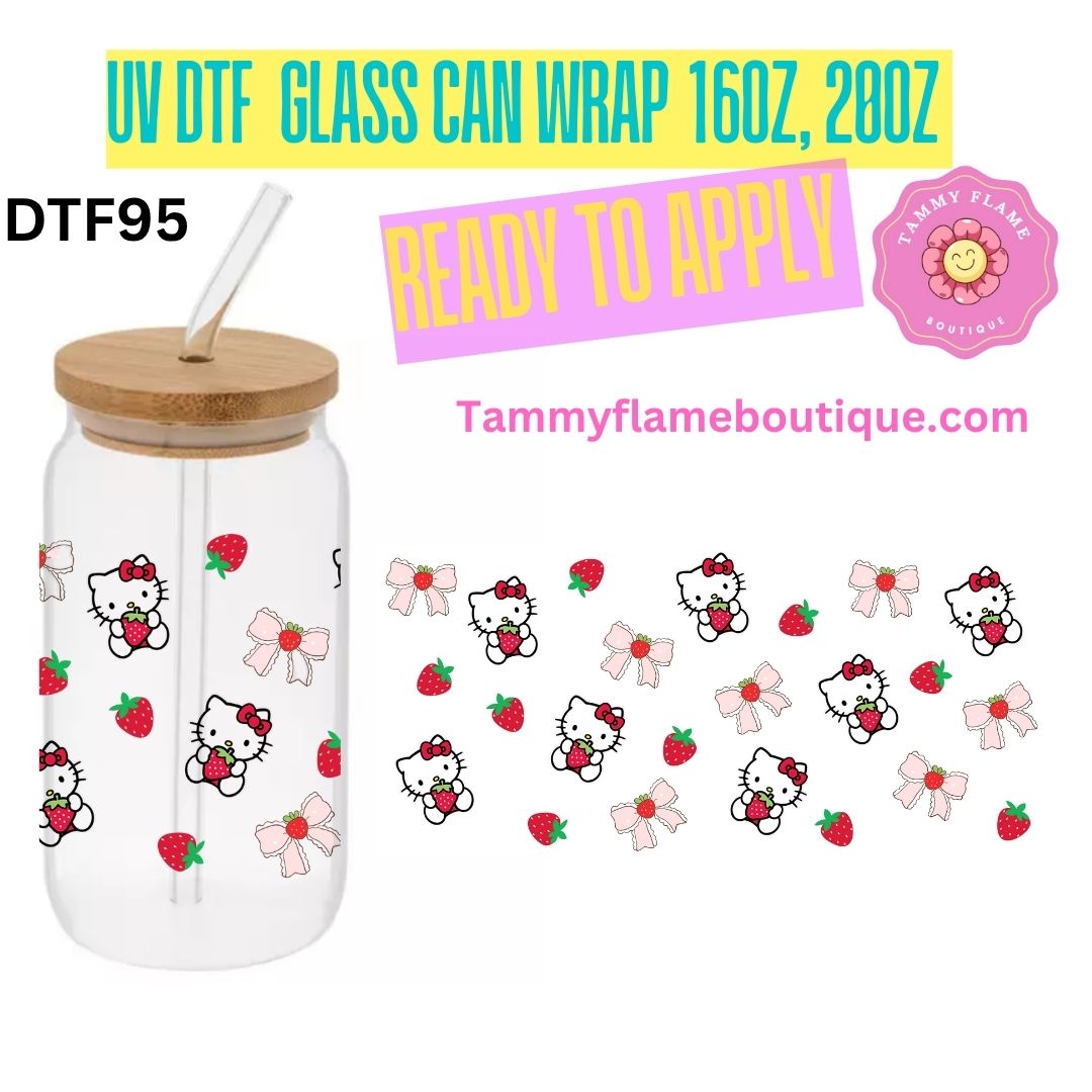 Cute UV DTF Glass Can Wrap Decal for 16oz 20oz – Ready to Apply – Strawberry, Cherry, Pink Bow & Kitty Designs