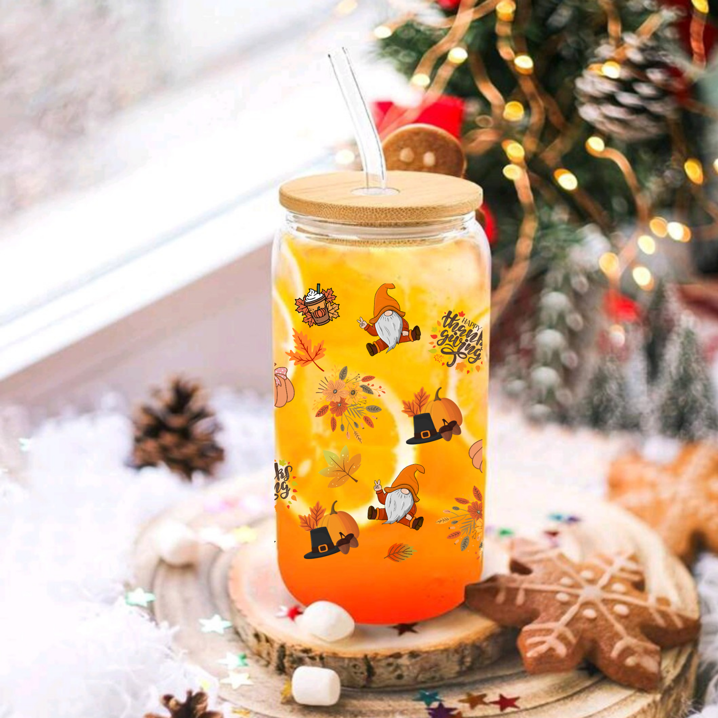 Cozy Fall Glass Cup – Autumn Leaves, Pumpkin Hat, Thanksgiving, Books & Flowers – 16oz/20oz