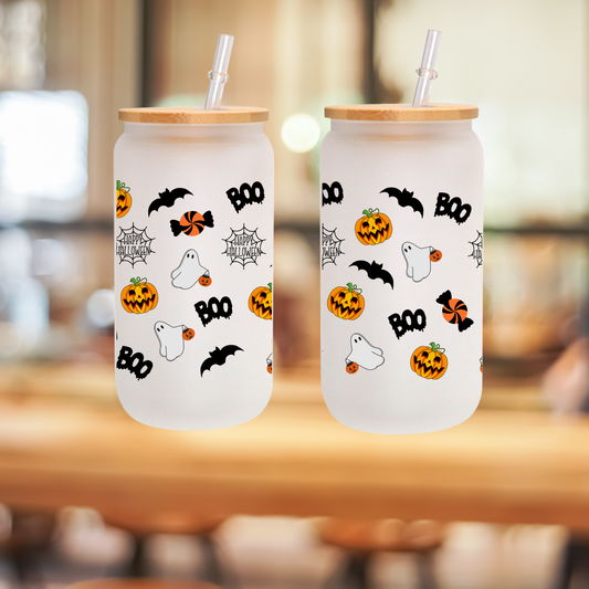 Halloween Frosted Glass Cup – 16oz / 20oz – With Bamboo Lid & Glass Straw