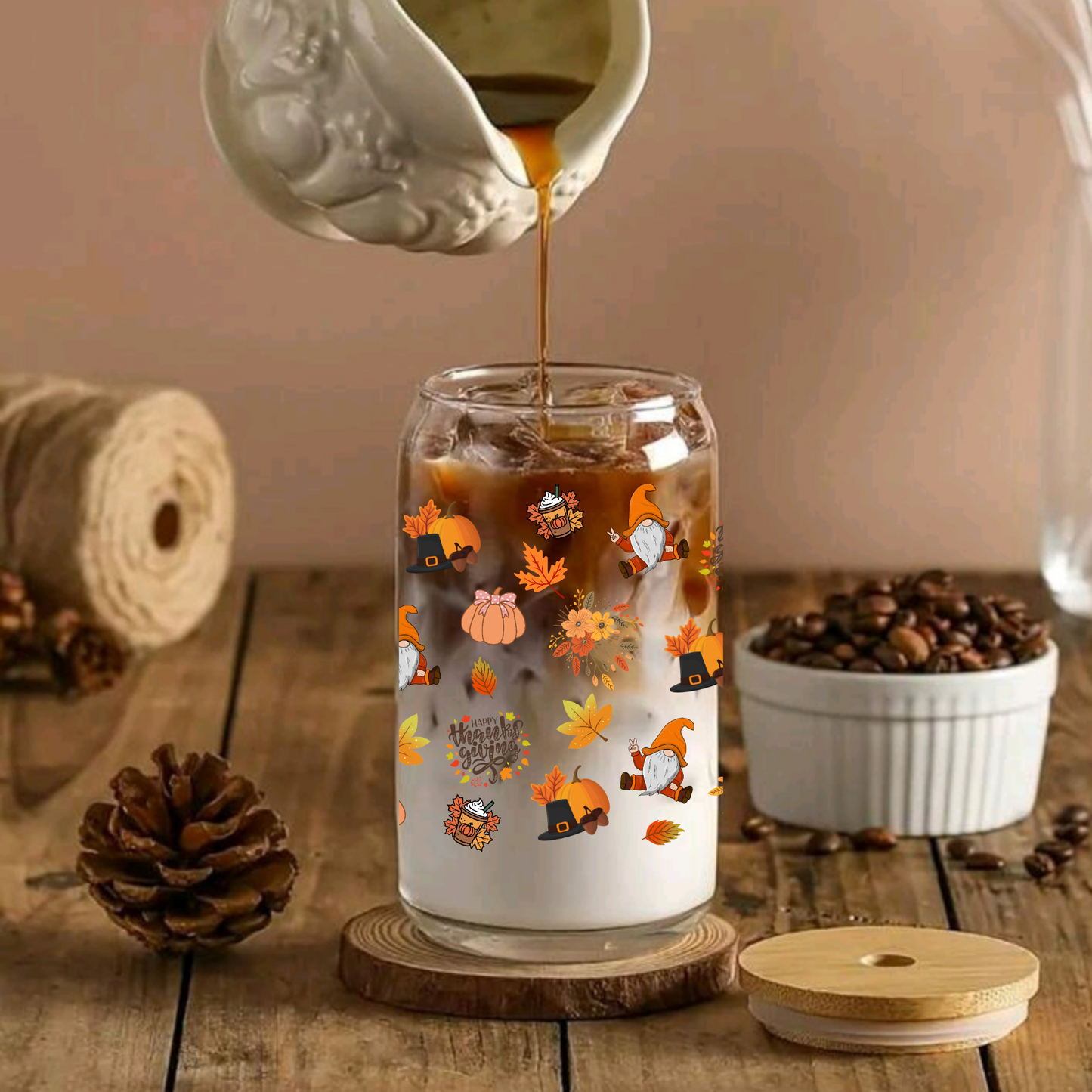 Cozy Fall Glass Cup – Autumn Leaves, Pumpkin Hat, Thanksgiving, Books & Flowers – 16oz/20oz