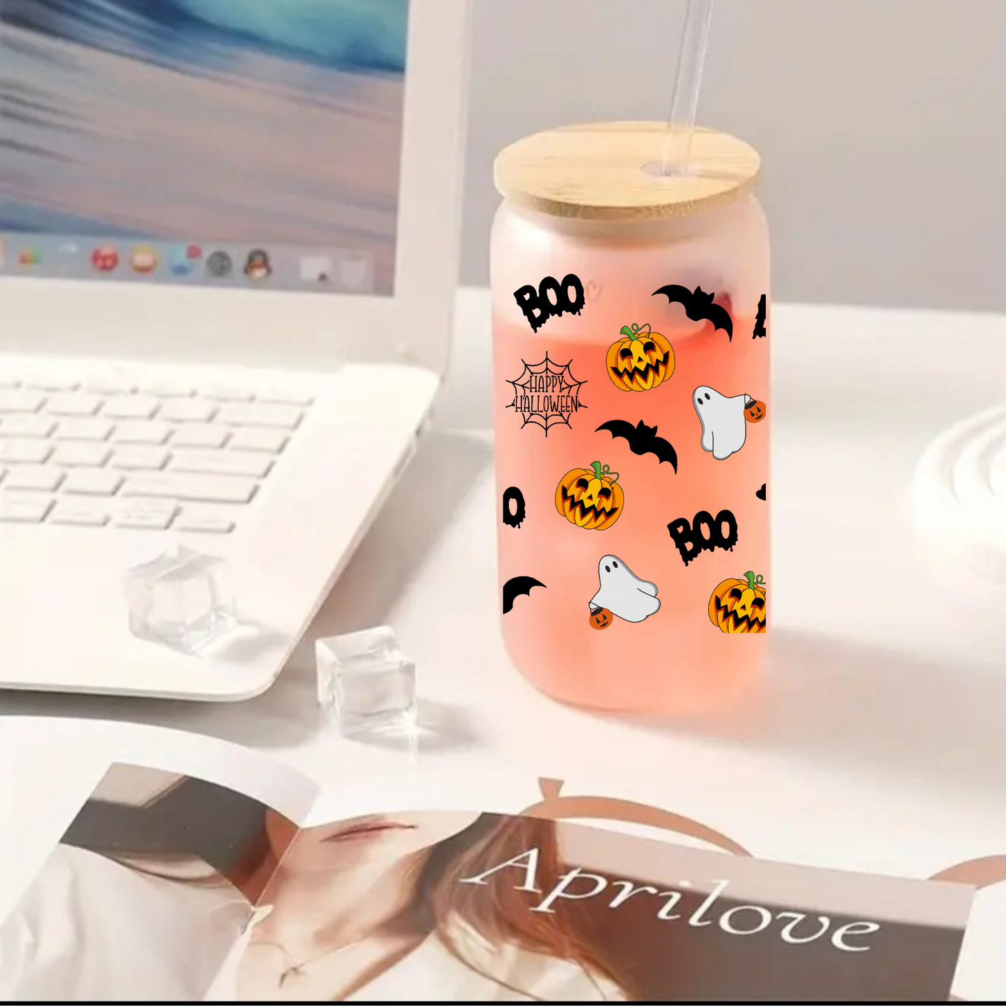 Halloween Frosted Glass Cup – 16oz / 20oz – With Bamboo Lid & Glass Straw