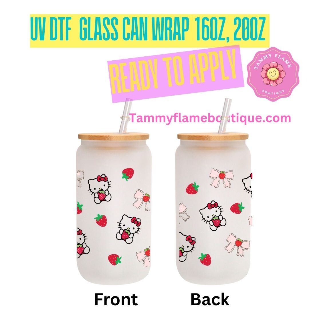 Cute UV DTF Glass Can Wrap Decal for 16oz 20oz – Ready to Apply – Strawberry, Cherry, Pink Bow & Kitty Designs