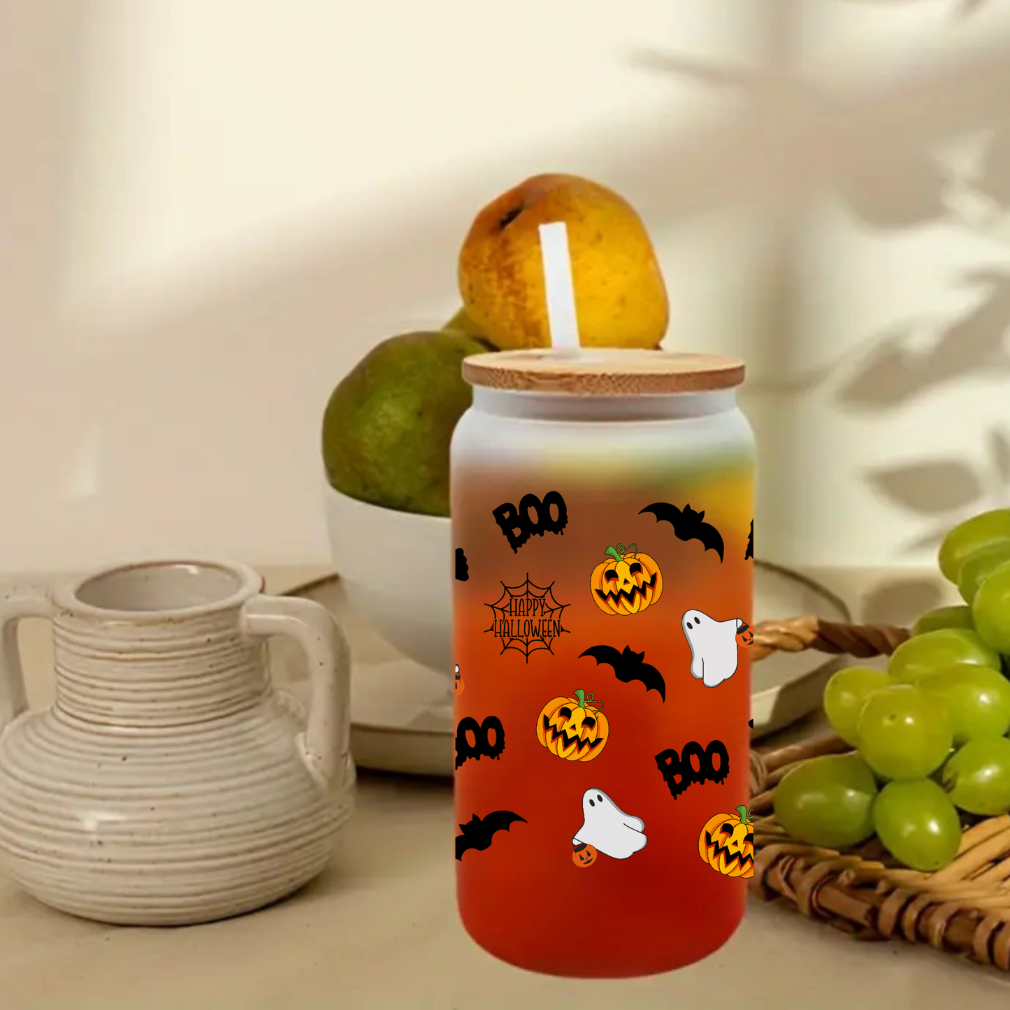 Halloween Frosted Glass Cup – 16oz / 20oz – With Bamboo Lid & Glass Straw