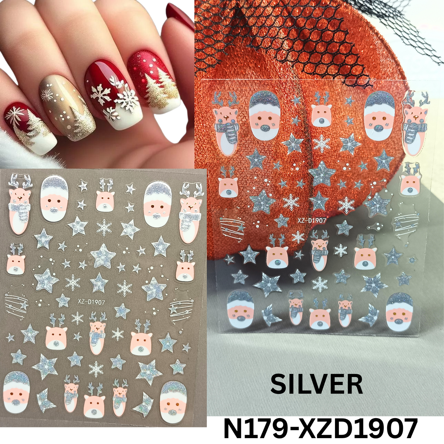 Holiday Nail Stickers 3D Set – 12 Sheets Xmas Reindeer & Snowflake Decals