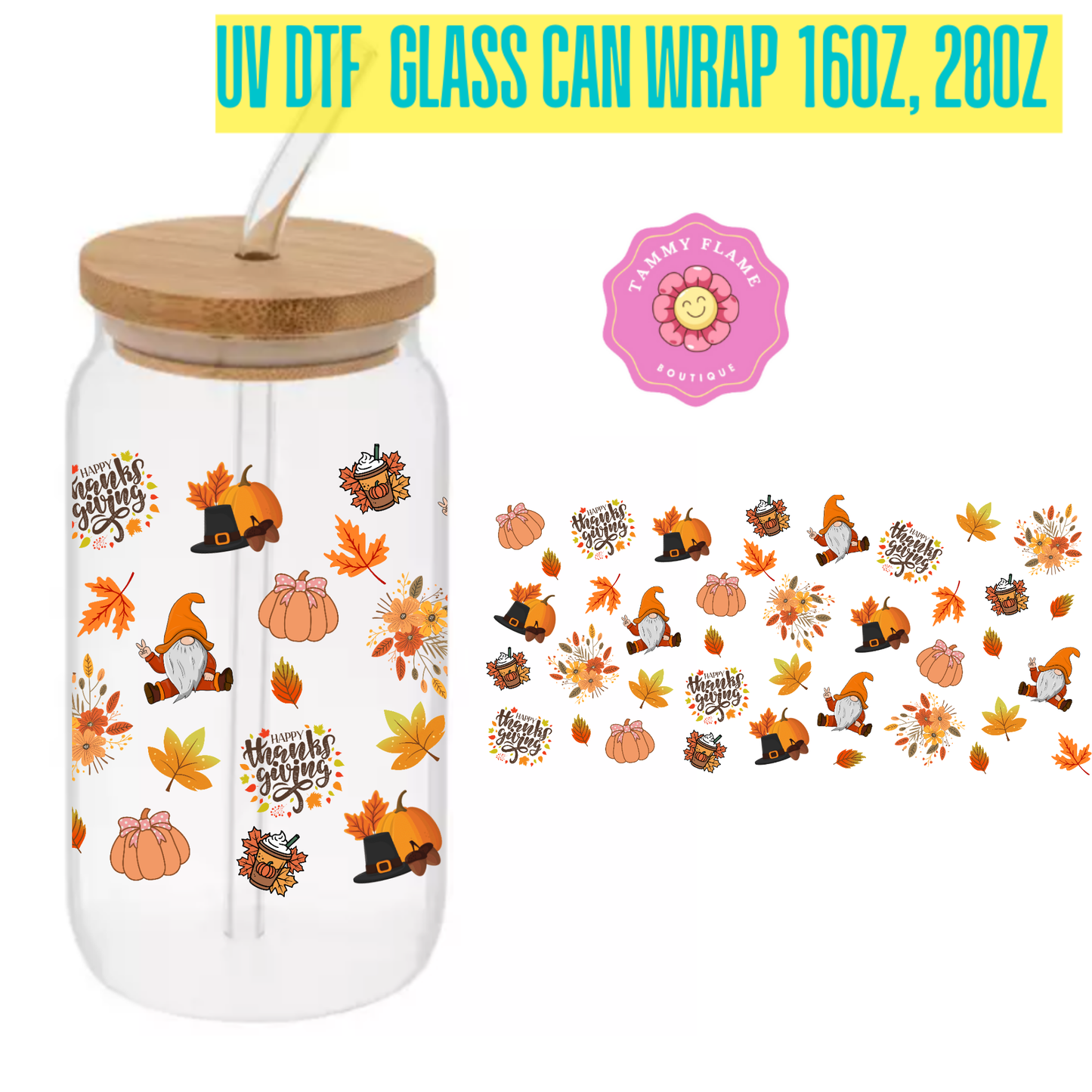 Cozy Fall Glass Cup – Autumn Leaves, Pumpkin Hat, Thanksgiving, Books & Flowers – 16oz/20oz