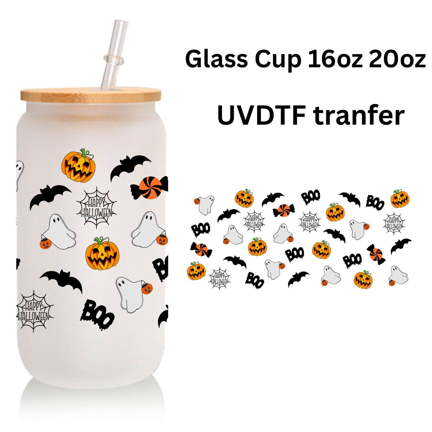 Halloween Frosted Glass Cup – 16oz / 20oz – With Bamboo Lid & Glass Straw