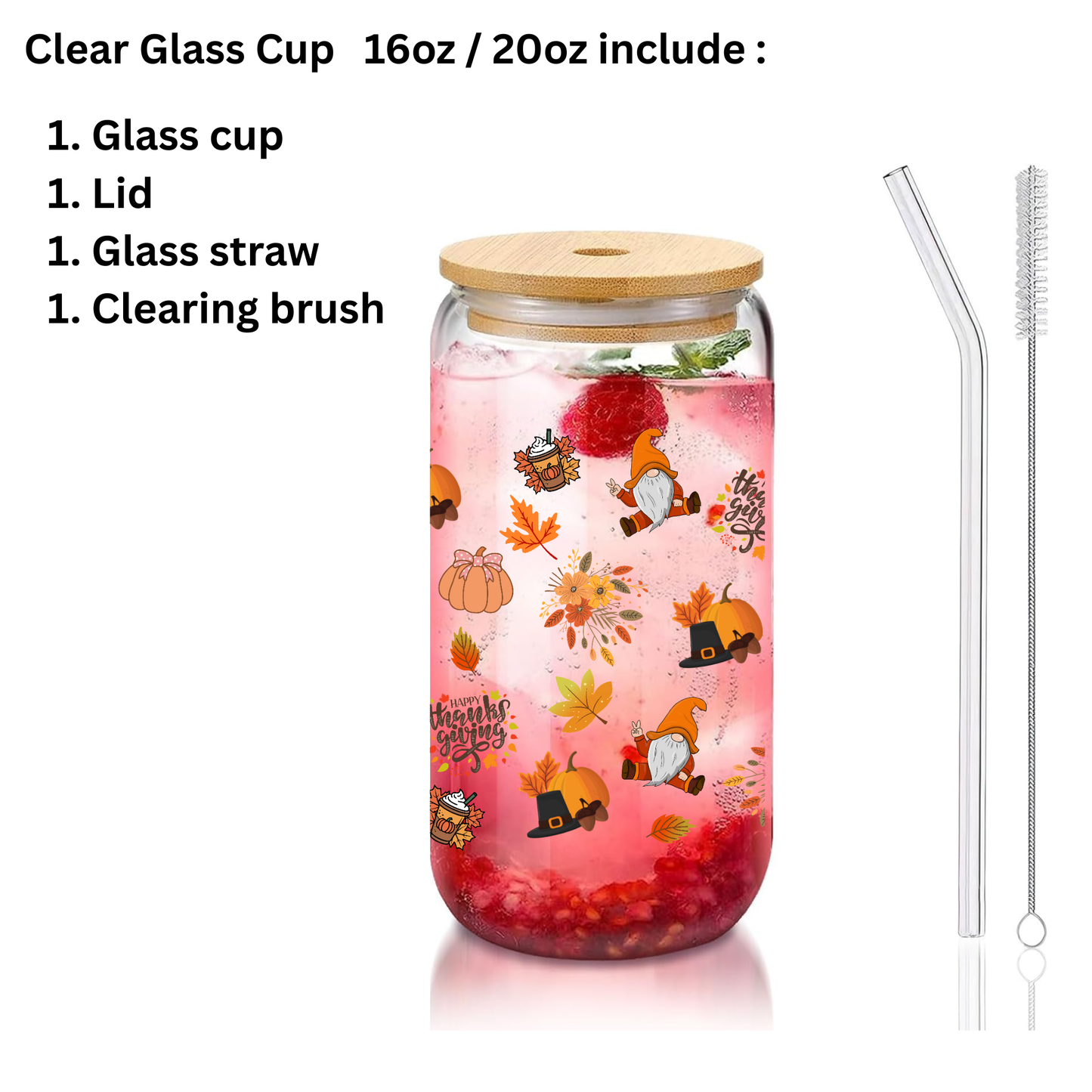 Cozy Fall Glass Cup – Autumn Leaves, Pumpkin Hat, Thanksgiving, Books & Flowers – 16oz/20oz