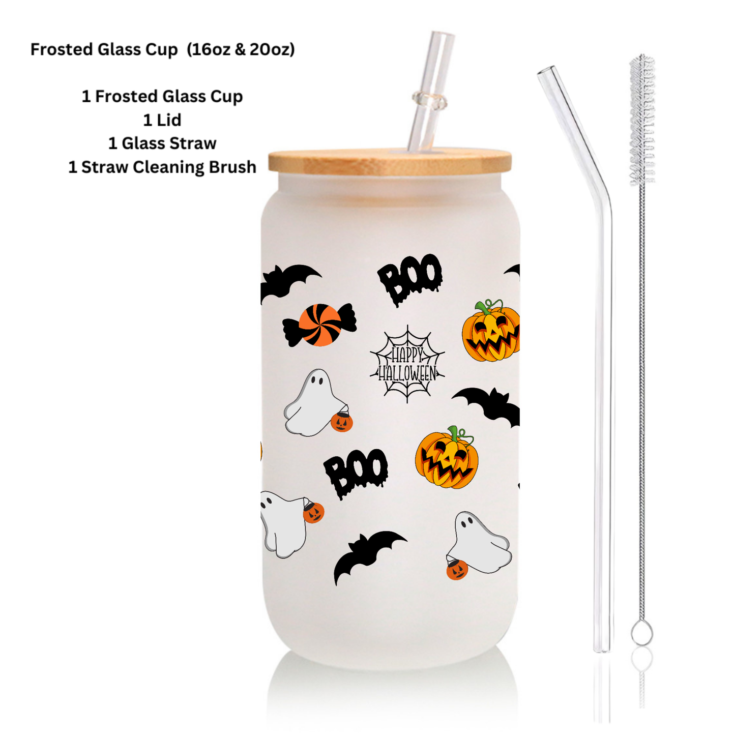 Halloween Frosted Glass Cup – 16oz / 20oz – With Bamboo Lid & Glass Straw
