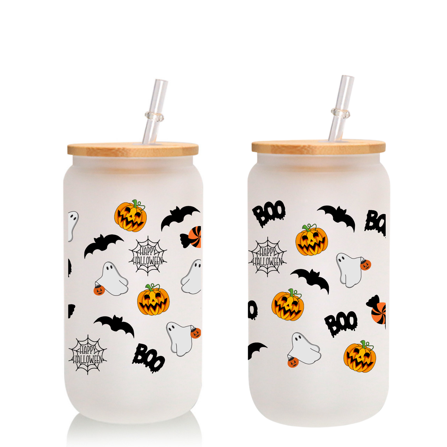Halloween Frosted Glass Cup – 16oz / 20oz – With Bamboo Lid & Glass Straw