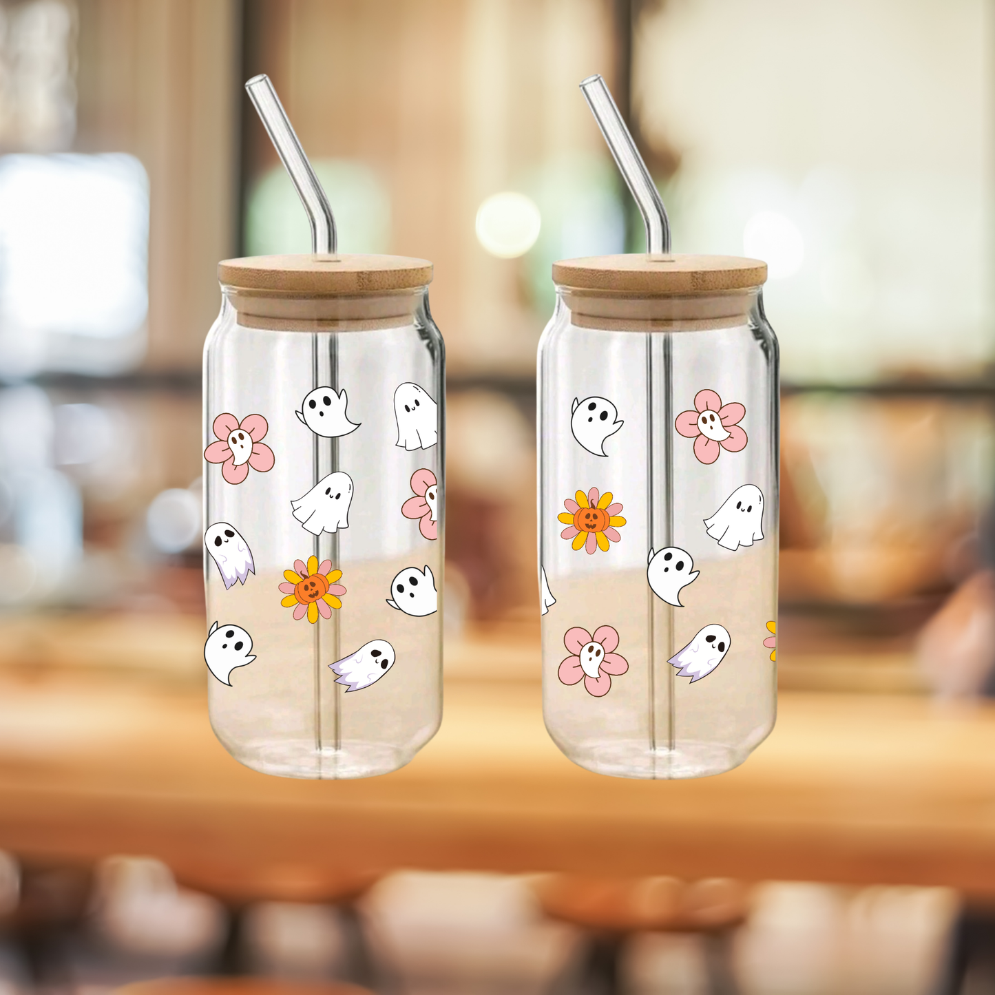 Cute Ghost & Flower Glass Tumbler – 16oz/20oz with Bamboo Lid & Glass Straw – Halloween & Autumn Vibes