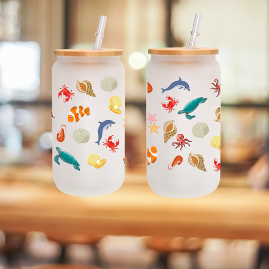 Ocean Animals Glass Cup – Turtle, Crab, Shrimp – Frosted 16oz/20oz with Lid & Straw