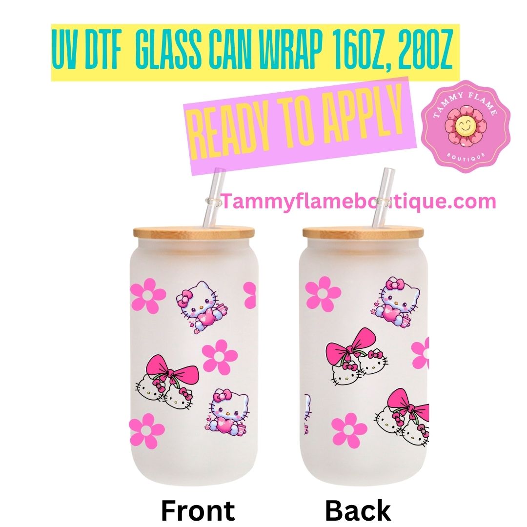 Cute UV DTF Glass Can Wrap Decal for 16oz 20oz – Ready to Apply – Strawberry, Cherry, Pink Bow & Kitty Designs
